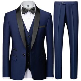3 Pieces Set Mens Business Blazers Coat Male Slim Fit Colour Matching Collar Suit Tuxedo Leisure Jacket Pants Vest Wedding 240226