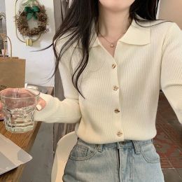 Cardigans Lucyever Vintage Turndown Collar Women Cardigan Korean Fashion Slim SingleBreasted Sweater Ladies Autumn Long Sleeve Knit Tops