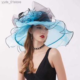 Wide Brim Hats Bucket Hats High Quality Summer Organza Fascinators Hat For Women Elegant Wedding Dresses Hats Wide Brim Kentucky Tea Party Church Sun C L240308