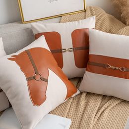 Pillow Case Top American Entry Lux Ins Style Pillow Cover Creative Imitation Leather Stitching Sofa Cushion Double Sided Cotton Horse Head Cushion