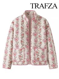 Women's Trench Coats TRAFZA Female Chic Spring Contrast Colour Pink Flower Print Stand Neck Quilted Coat Woman Vintage Long Sleeve Loose