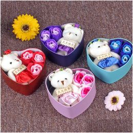 Stuffed & Plush Animals 3Pcs/Set Scented Soap Rose Flowers With 1 Cute Bear Perd Iron Box Valentiners Wedding Party Decoration Gifts B Dho2X