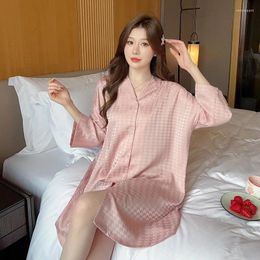 Women's Sleepwear Pink Dressing Gown Women Turn-down Collar Lady Shirt Home Dress Nightgown Summer Rayon Sleepshirt Lingerie
