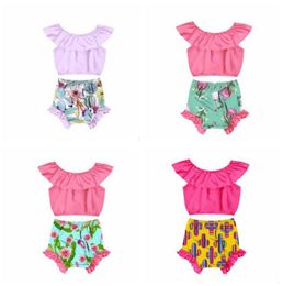 Baby Girl Clothes Kid Summer Clothing Sets Off Shoulder Shirt Cactus Print Shorts 2Pcs Set Sleeveless Ruffled Short Pants Outfits 4029400