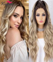 LX Brand Long Wavy Synthetic Wig Blonde Lace Front Wigs for Women Heat Resistant Natural Hairline Honey Blonde Wig Cosplay Hairfac9518160