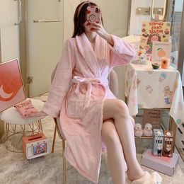 Women's Sleepwear Casual Simple Warm Long Sleeved Night-robe Cardigan V-Neck Solid Color Coral Velvet Nightgown Winter Home