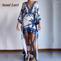 Party Dresses Casual Coconut Tree Print Tuxedo Dress Fashion V Neck Bat Sleeve Long Spring Summer Ladies Lace-up Cover-ups Beach