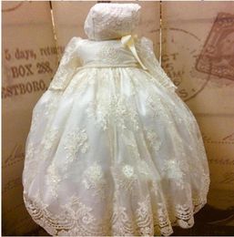 Classy 2018 Pearls Christening Gowns For Baby Girls Long Sleeve Lace Appliqued Baptism Dresses With Bonnet First Communication Dre2518470