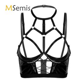 Sexy Womens Lingerie Cupless Bra Top For Sex Halter Neck Hollow Out Strappy Patent Leather Zipper Unlined Underwire Open Cup Bras8928529