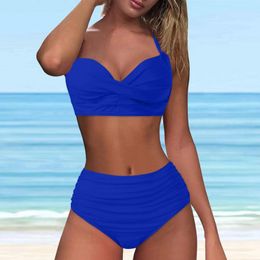 Womens Swimwear 2024 Women Swimsuit Two Piece Halter Ruched High Waist Bikini Set Solid Color V-Neck Sexy Tankini Swimsuits Push Up Biquini