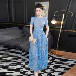 Maternity Dresses ZJYT Summer het Hollow Blue Lace Long Dresses for Women 2024 Runway Short Sleeve Party Holiday Dress Elegant Aline Vestidos L240308