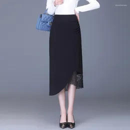 Skirts Lace Splice Zipper High Waist Slim Fit Black Skirt Women Elegant Chic Korea Spring Summer Long Pencil Office Lady 4XL2302