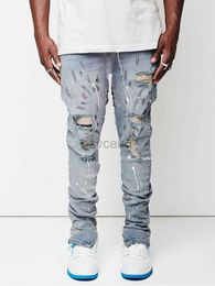 Men's Jeans Mens Jeans Side Slit Zipper Mens Paint Slim Fit Cotton Ripped Denim Pants Autumn High Street Fashion Knee Abrasion Light Blue 240308