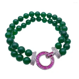 Strand 2 Rows Green Jade Beaded Bracelet Cz Pave Clasp Adjustable Women Wedding Jewellery