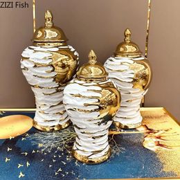 Golden Splash Stripe Ceramic Storage Tank Gold-plated Ginger Jar Dresser Table Jewellery Organiser Box Cosmetics Container 240307