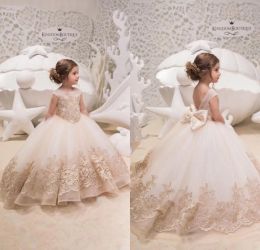 Vestidos de princesa flor para meninas com laço sem costas apliques de renda longo vestido de comunhão para festa