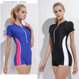 Women's Swimwear Womens One-Piece Boy Leg Full Coverage Swimsuit UPF50 Short Sleeve Sun Protection Bodysuit Padded Swimwear Bathing Suits Zip up L240308