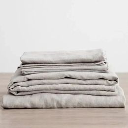 3PCS 100% Washed Linen Sheet Set Natural Flax Bed Sheets 2 Pillowcases Breatherable Soft Farmhouse Bedding Bedsheet Flat Sheet 240228