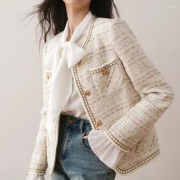 Women's Jackets French Small Fragrance Coat Female White Woven High Quality Fashion Elegant O Neck Casual Long Sleeve Tweed Office Women