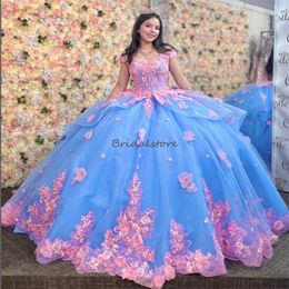 Luxury Blue Pink Florals Quinceanera Dresses 2024 Off Shoulders Appliques Lace Vestidos De Anos Xv 15 Quinceanera Birthday Party Gowns Debutante Sixteen Prom Wear