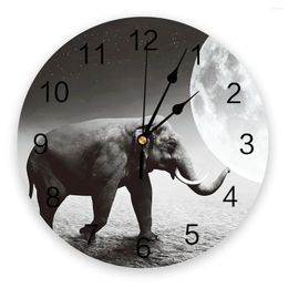 Wall Clocks Black White Animal Elephant Moon Starry Kitchen Desktop Digital Clock Non-ticking Creative Children Room Watch