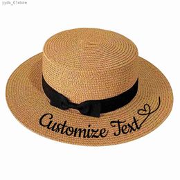 Wide Brim Hats Bucket Hats Embroidery Custom Text Your name Black Bow Str Hat Women Sun Hat Panama Beach hat Bridal Party Gift L240308