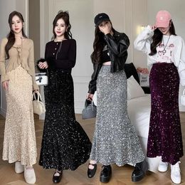 Korean Fashion Midi Skirt Woman High Waist Side Slit Sequined Party Pencil Skirts Female Casual Mid Length Jupe Drop 240228