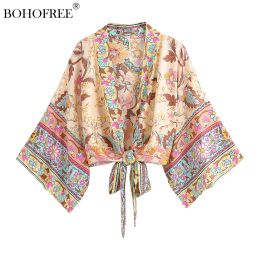 T-Shirt Bohemian Cover Ups Rayon Cotton Pea Print Short Wrap Kimono Top Women Casual Streetwear Short Wrap Blusas