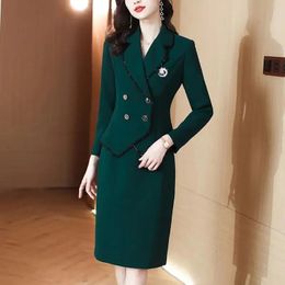 Business Suit Women Spring Autumn Office Lady Graceful Work Blazers Wrap Hip Skirts Two Piece Set Elegant Brooch Jacket Oufits 240226