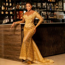 2024 African Gold Aso Ebi Prom Dresses for Black Women Mermaid Long Evening Dresses Elegant for Special Occasions Birthday Party Gowns Engagement Gala Dress AM490