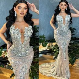 NEW Aso Ebi Luxurious Mermaid Prom Dress Beaded Crystals Illusion Evening Formal Party Second Reception Birthday Engagement Gowns Dress Robe De Soiree