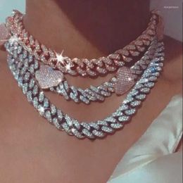 Chains 12mm Width Pink Heart Iced Out Bling 5A Cubic Zirconia Cz Choker Necklace Women Girlfriend Gift Cuban Link Chain JewelryCha305M
