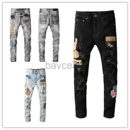 Jeans Designer Winter Mens Jeans Quality Design Hole Colour Patch High Street Slim-leg Biker Denim Hip Hop Pants US 240308