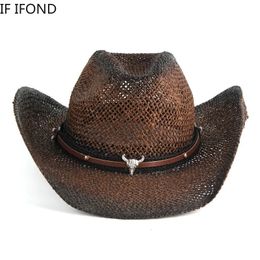 Handmade Weave Hollow Western Cowboy Hat For Men Women Summer Outdoor Cowgirl Beach Sun Straw Hat sombrero hombre 240228