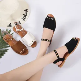 Sandals Women's Peep Toe Ladies Shoes Ankle Buckle Flat Rivet Female Slides Slip On Woman Beach Footwear Casual 2024 Large Size