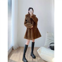 2023 Runway Style M Family Teddy Bear Coffee Drawstring Medium Length Nebula Fur Coat For Women 780483