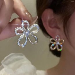 Hoop Earrings Ladies Fashion Simple Sunflower 925 Silver Needle Hollow Out CZ Flower