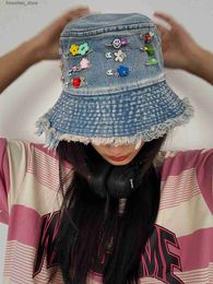 Wide Brim Hats Bucket Hats Sweet Denim Fisherman Hat with Edging Girl Fashion Handmade DIY Pin Colourful Beads Y2k Summer Sun cs L240305