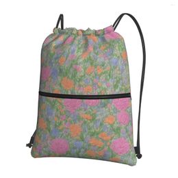 Backpack AI Generated Flower Pattern Portable Drawstring Bag Multi-function Bundle Pocket Book For Travel Sport