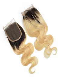 Dark Roots 1B613 Ombre Blonde Brazilian Human Hair Closure Body Wave 4quot x 4quot 130 Denisty Swiss Lace Top Closure2243767