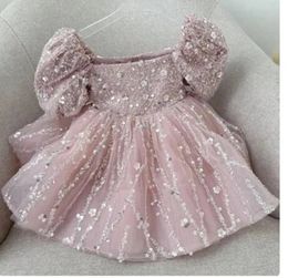 Sequin Flower Girl Dress Pink Tulle Puffy For Wedding Short Sleeves Kids First Communion Birthday Party Knee Length Ball Gown 240306