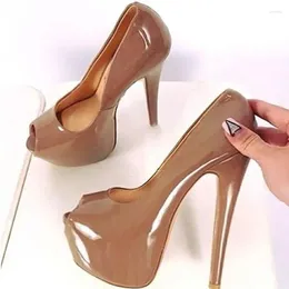 Dress Shoes Brown Patent Leather Peep Toe Platform Pumps Super High 16cm Heels Woman Shallow Slip-on Party Wedding Bride