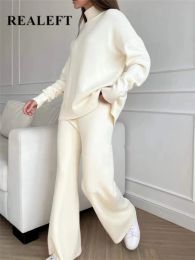 Capris 2 Pieces Women Sets Knitted Tracksuit Turtleneck Sweater and Straight Jogging Pants Suits