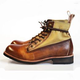 Boots Retro Patchwork Genuine Leather England Style Vintage Casual Work Boot Lace Up High Top Sneakers Outdoor Riding Large Size