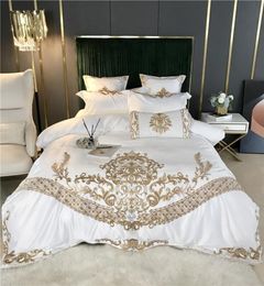 Bedding sets White Luxury European Royal Gold Embroidery 60S Satin Silk Cotton Bedding Set Duvet Cover Bed Linen Fitted Sheet Pill6218292