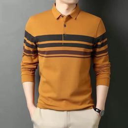 Cotton Men Fashion Striped Polo Shirts Spring Autumn Loose Clothing Lapel Pullover Tee Business Casual Long Sleeve Tops 240305