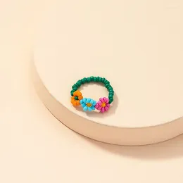 Cluster Rings Cute Candy Color Braided Miyuki Beads Flower Ring For Women Elastic Rose Red Party Jewelry Friendship Holiday Gifts