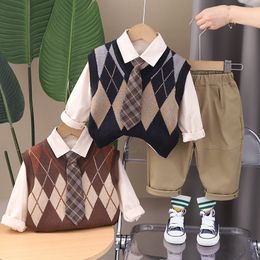 Toddler kids clothes sets little boys lapel long sleeve shirt diamond lattice knitted vest trousers 3pcs 2024 spring children casual outfits Z7027