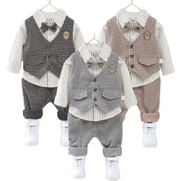 Children Kids Gentleman Clothing Suit Birthday Wedding Party Elegant Set Baby Boy Casual Wear Striped Shirt Vest Pants Costume 240307