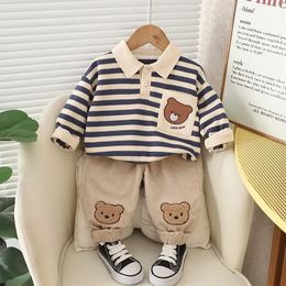 Spring Autumn Children Baby Boys Clothes Infant Strips Cartoon Bear Tshirt Pants 2Pcsset Toddler Fashion Cloth Kids Tracksuits 240307